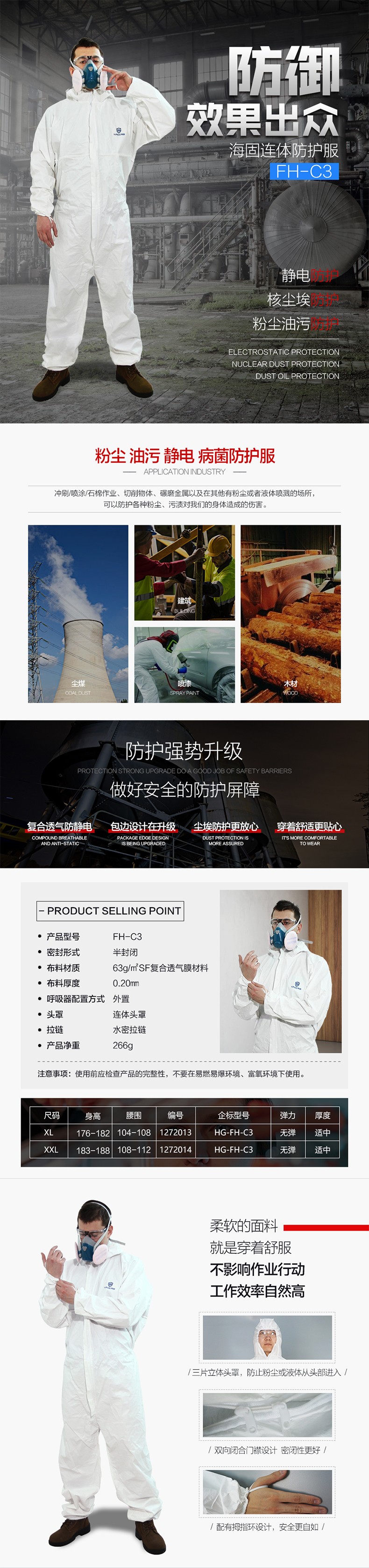 海固FH-C3優(yōu)越連體防護服 連體防粉塵、油污、靜電、病菌防護服圖片1