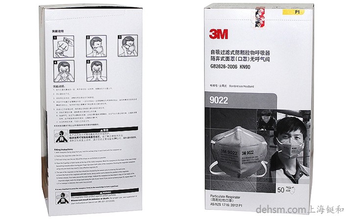 3M9022口罩50只/盒，包裝盒正反面圖