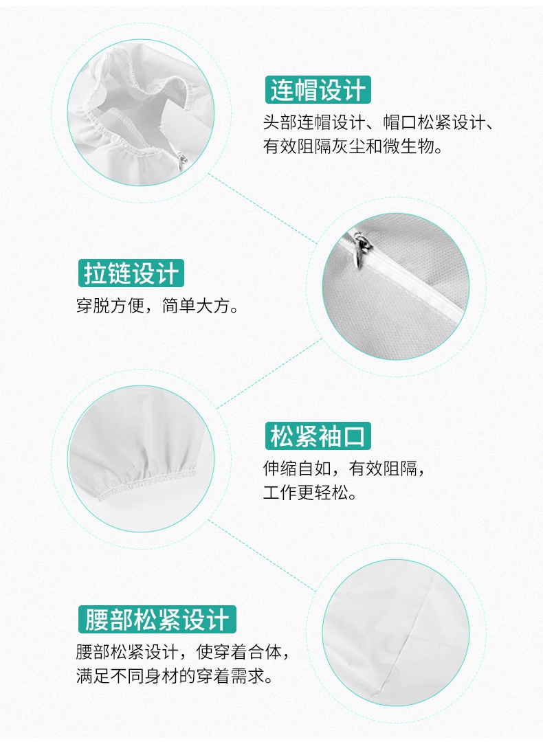 一次性醫(yī)用隔離衣帶帽設(shè)計，整個防護性能優(yōu)異